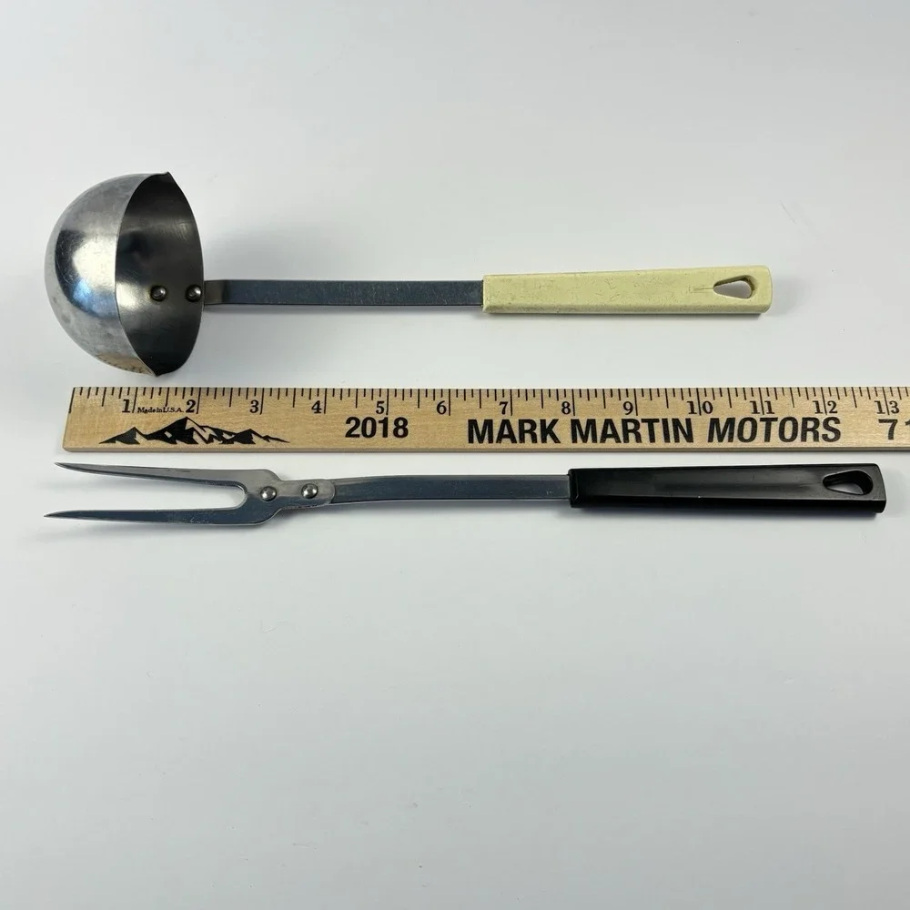 Kaylan Stainless Steel Black Handle Meat Fork And White Handle Ladle Retro